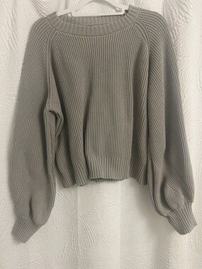 Ribbed Crewneck Balloon-Sleeve Sweater - Gray